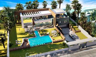 Perceel + moderne nieuwbouwvilla met zeezicht in een luxe woonproject te koop, dicht bij het strand in Manilva, Costa del Sol 46468 