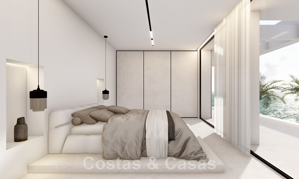 Nieuwe designervilla te koop, met panoramisch zeezicht in een rustige omgeving op loopafstand van het strand in Manilva, Costa del Sol 48060