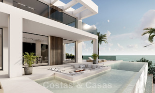 Nieuwe designervilla te koop, met panoramisch zeezicht in een rustige omgeving op loopafstand van het strand in Manilva, Costa del Sol 48070 
