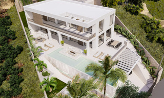 Nieuwe designervilla te koop, met panoramisch zeezicht in een rustige omgeving op loopafstand van het strand in Manilva, Costa del Sol 48073 