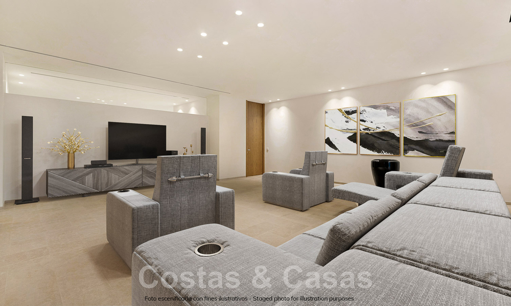 Eerstelijns golf luxevilla in een elegante moderne stijl met prachtig golf- en zeezicht te koop in Los Flamingos Golfresort in Marbella - Benahavis 49024
