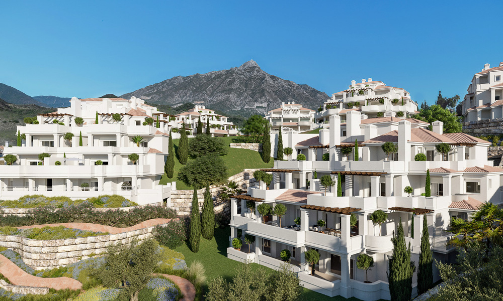 Hedendaagse appartementen in een Andalusische stijl te koop met panoramisch uitzicht naar zee toe in de golfvallei van Nueva Andalucia, Marbella 51640