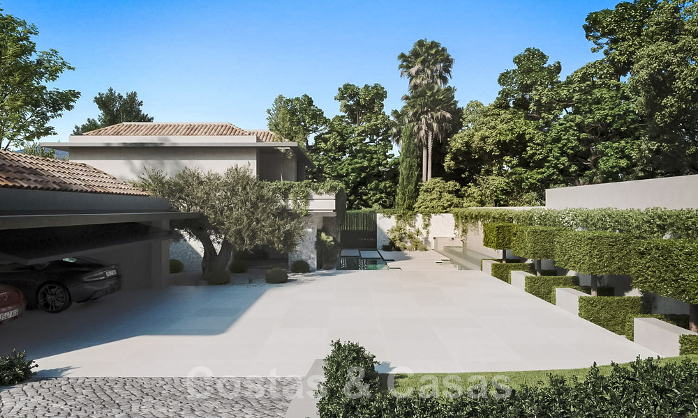 Bouwperceel met een project voor een innovatieve designervilla te koop op eerstelijns golf, in een afgesloten en beveiligde woonwijk in Nueva Andalucia, Marbella 62560