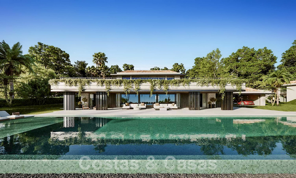 Bouwperceel met een project voor een innovatieve designervilla te koop op eerstelijns golf, in een afgesloten en beveiligde woonwijk in Nueva Andalucia, Marbella 62564