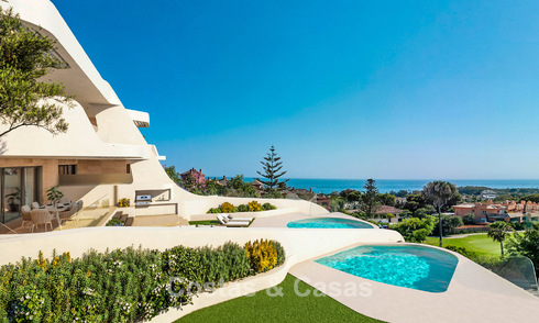 Nieuwe, grote designappartementen met golf- en zeezicht in een avant-garde bouwstijl te koop in Oost Marbella 776194